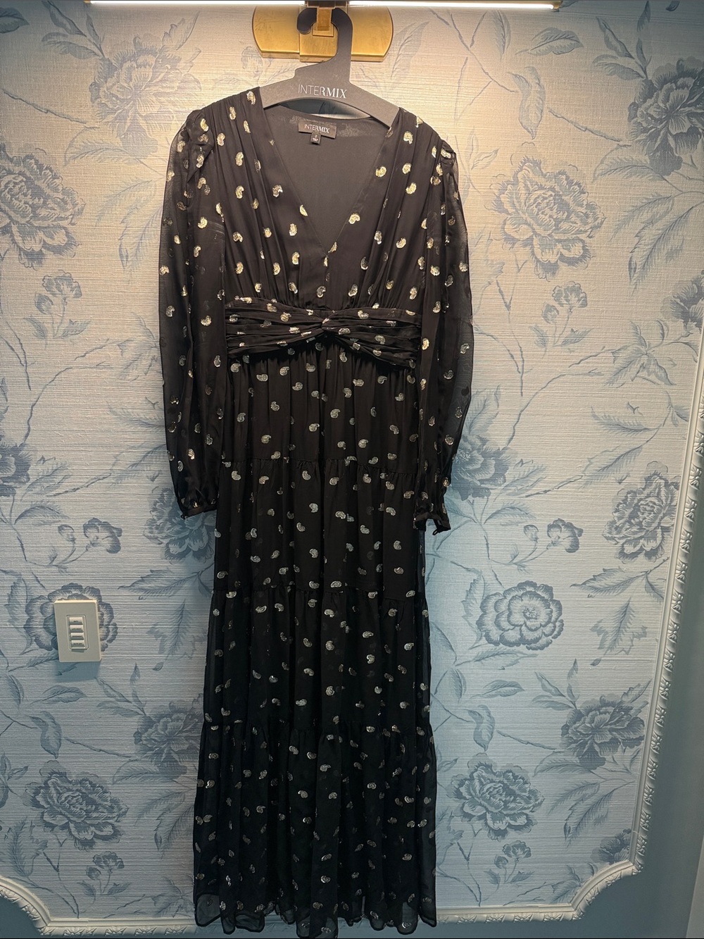 INTERMIX Black Gold Metallic Dot Maxi Dress Size 2